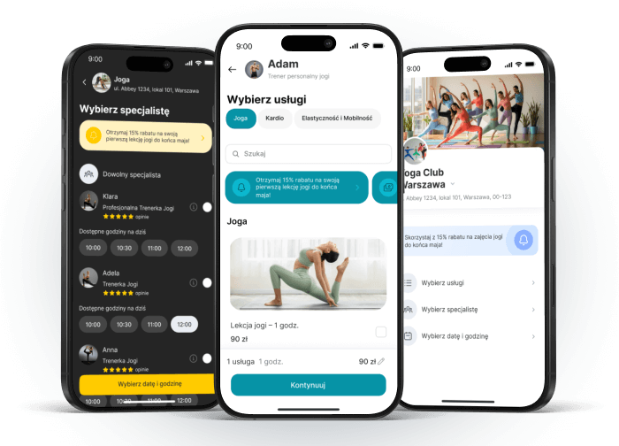 Mobile app interface for booking yoga classes with trainers and services.