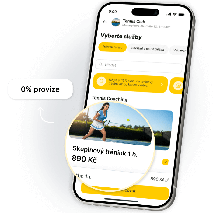Mobile app interface for Tennis Club showing coaching services and pricing