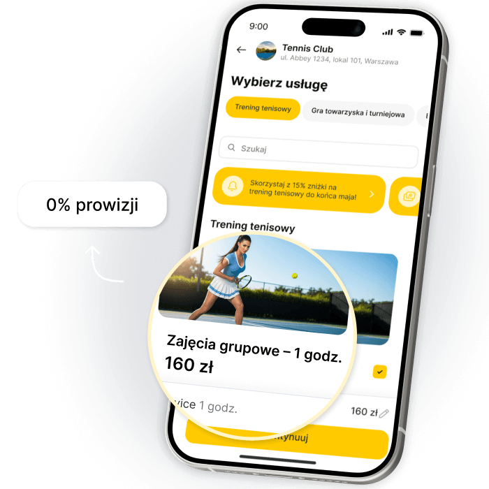 Mobile app interface for Tennis Club showing coaching services and pricing