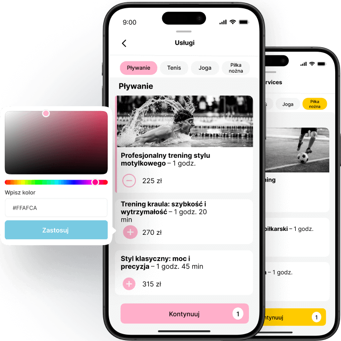 Mobile app interface for sports training services with color customization options.