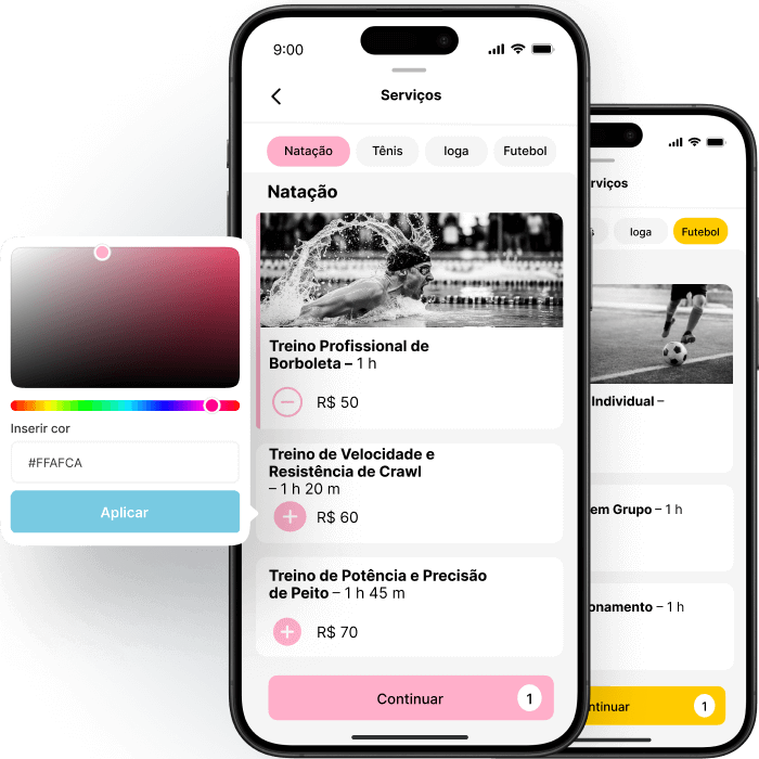 Tela de aplicativo mostrando serviços de natação e opções de personalização de cor.