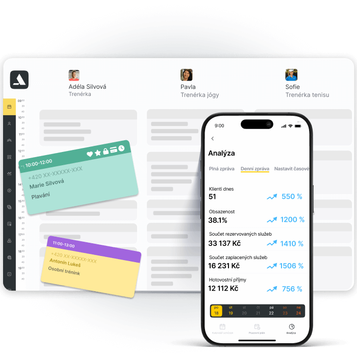 Dashboard displaying trainers' schedules and analytics on a mobile device.