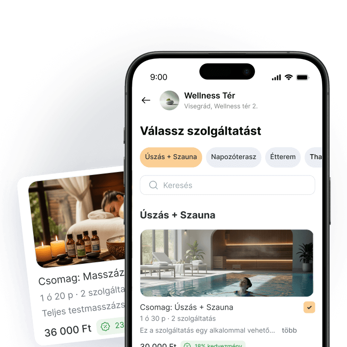 Mobile app interface for wellness services including swimming and sauna options.