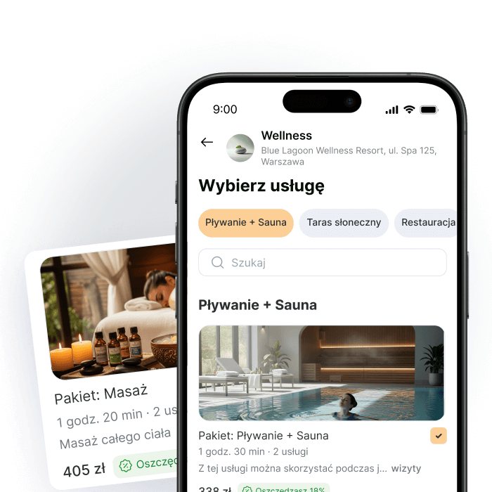 Mobile app interface for wellness services including swimming and sauna options.