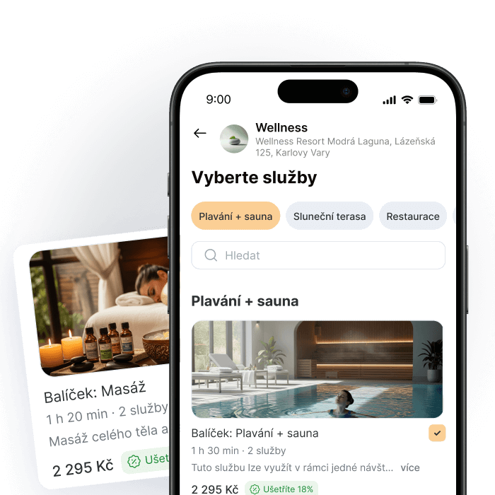Mobile app interface for wellness services including swimming and sauna options.