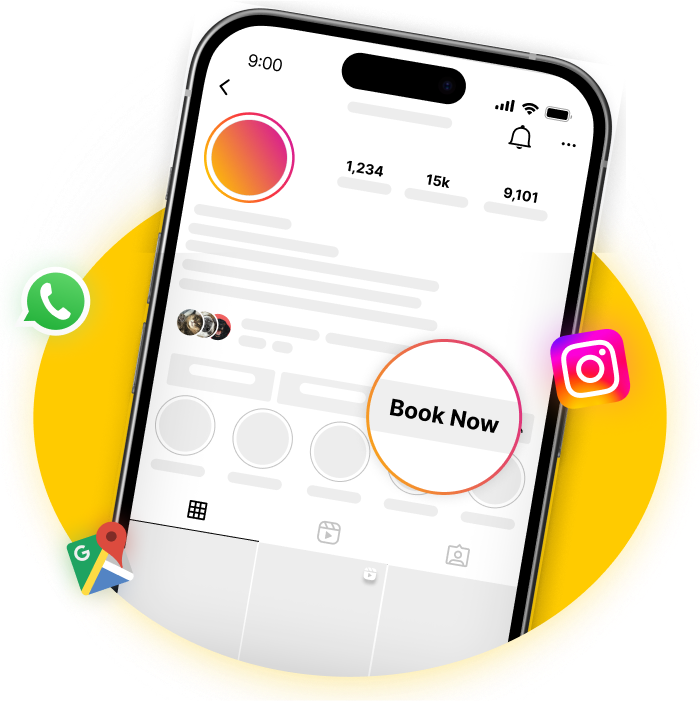 Smartphone displaying a social media profile with a 'Book Now' button and various app icons.