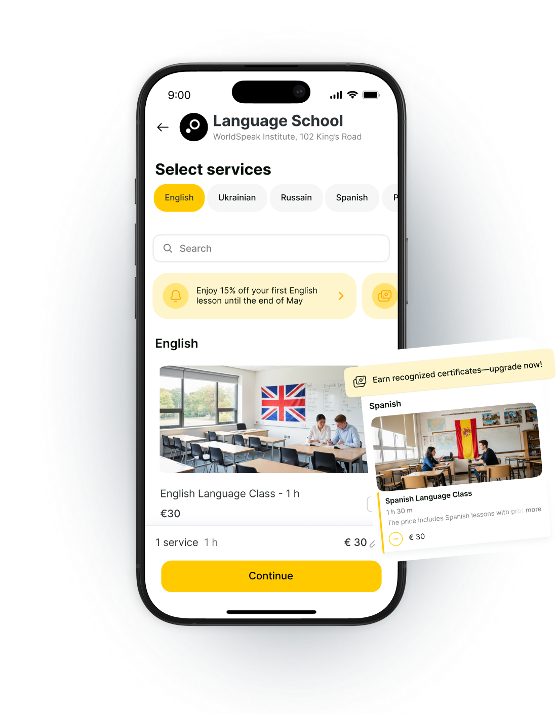 Mobile app interface for a language school showing service selection and class details.
