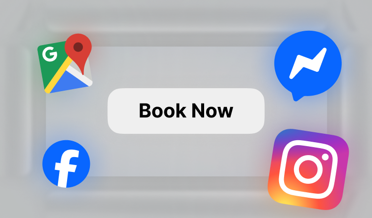 Graphic featuring social media icons and a 'Book Now' button.