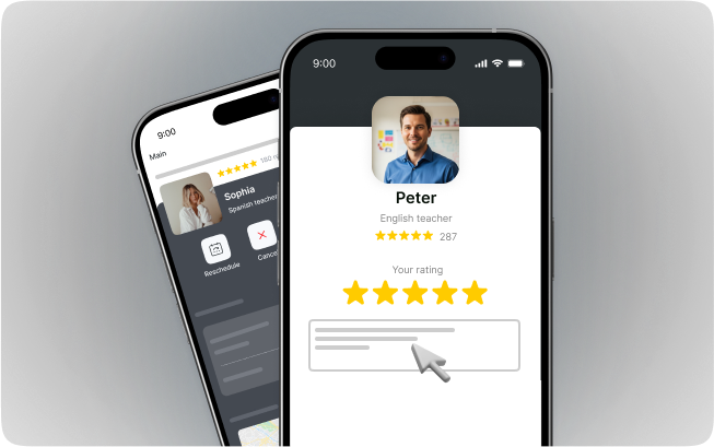 Mobile app interface showing profiles of language teachers with ratings.
