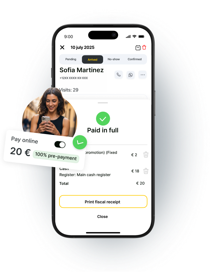 Mobile payment interface showing a completed transaction for Sofia Martinez.