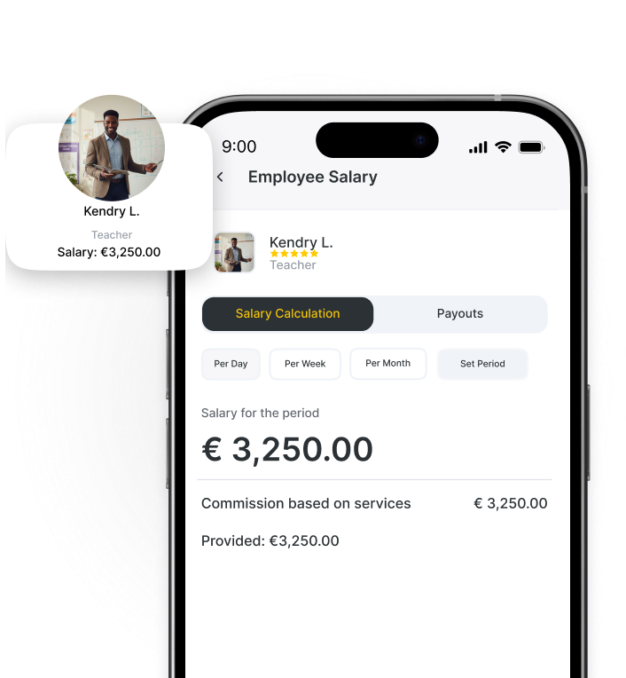 Mobile app interface displaying employee salary details for Kendry L.