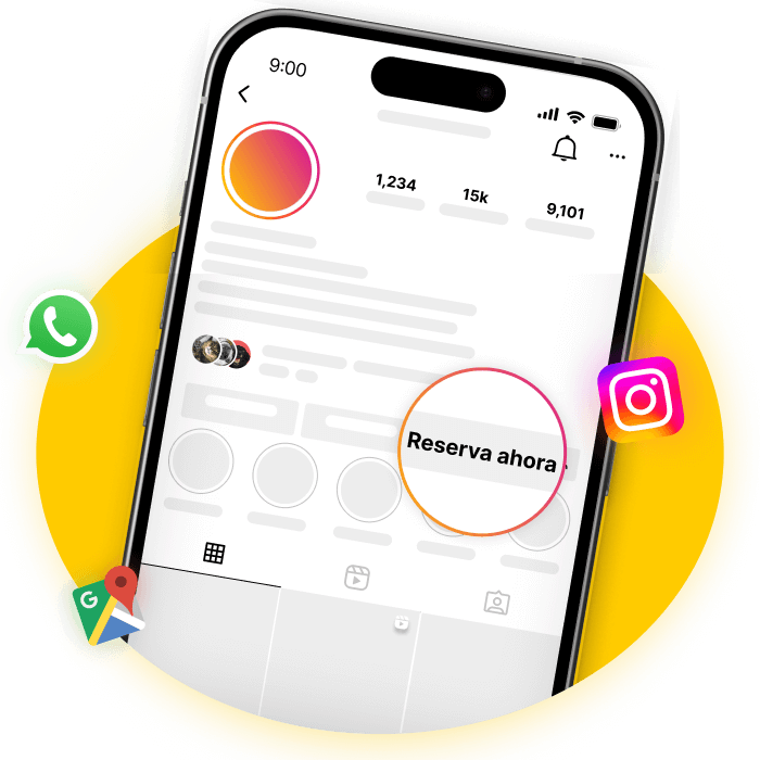 Smartphone displaying a social media profile with a 'Book Now' button and various app icons.