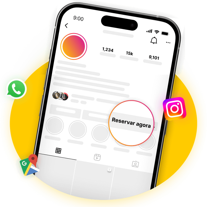 Smartphone displaying a social media profile with a 'Book Now' button and various app icons.