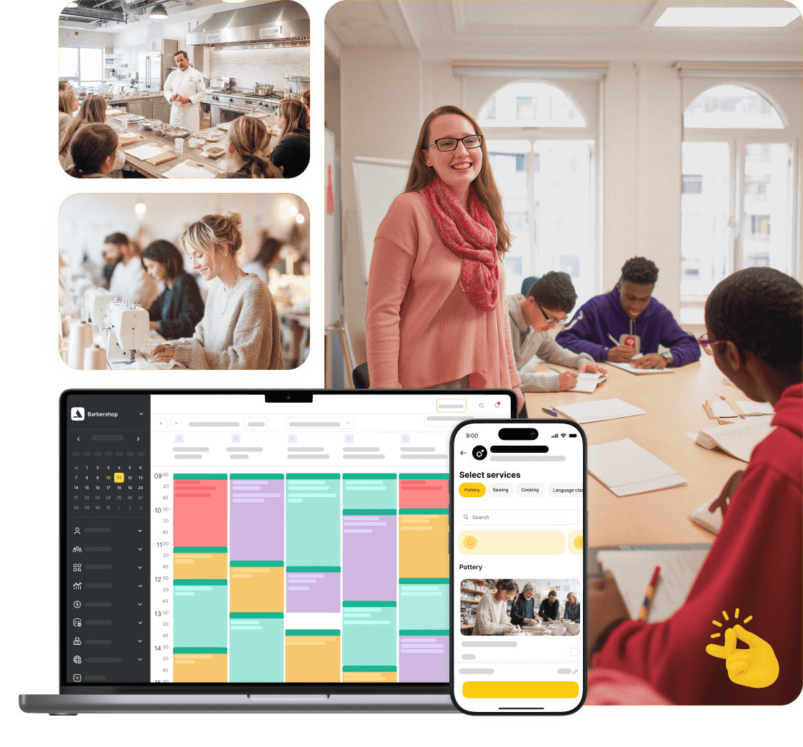 Collage of educational activities and a scheduling app for businesses