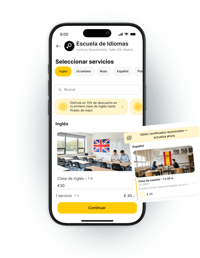 Mobile app interface for a language school showing service selection and class details.