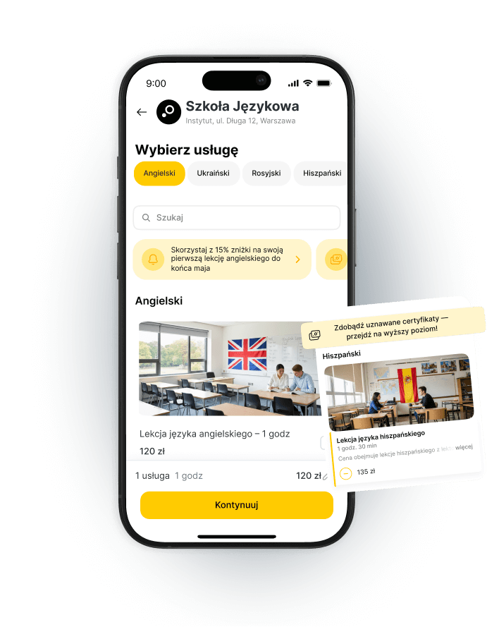 Mobile app interface for a language school showing service selection and class details.
