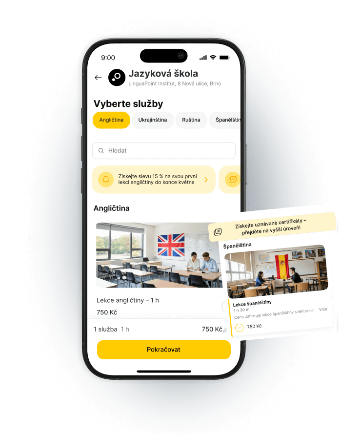 Mobile app interface for a language school showing service selection and class details.