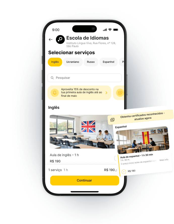 Mobile app interface for a language school showing service selection and class details.