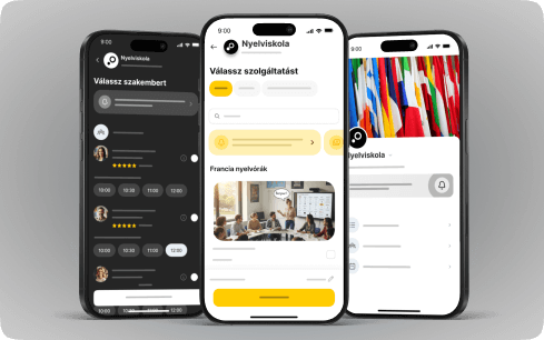 Screenshots of a language school app showing service selection and scheduling.