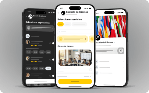 Screenshots of a language school app showing service selection and scheduling.
