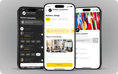 Screenshots of a language school app showing service selection and scheduling.