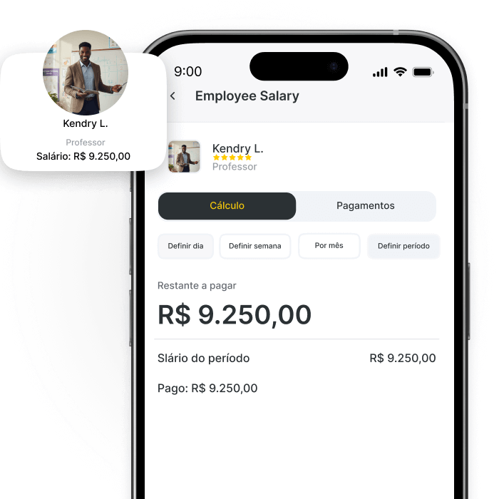 Mobile app interface displaying employee salary details for Kendry L.