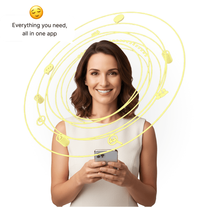 A woman smiling while holding a smartphone, surrounded by icons representing various app features.