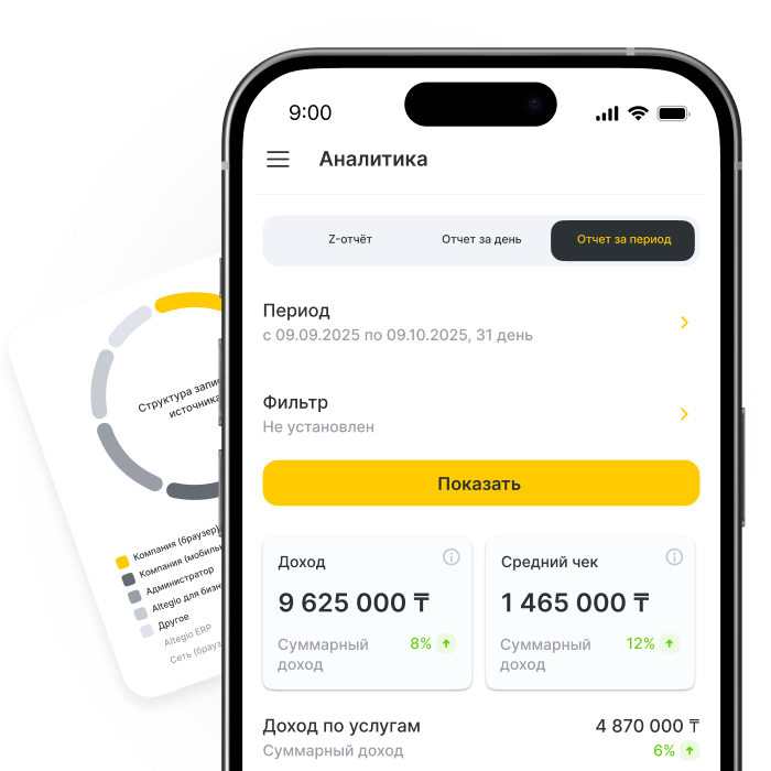 Mobile analytics dashboard displaying revenue and average bill details.