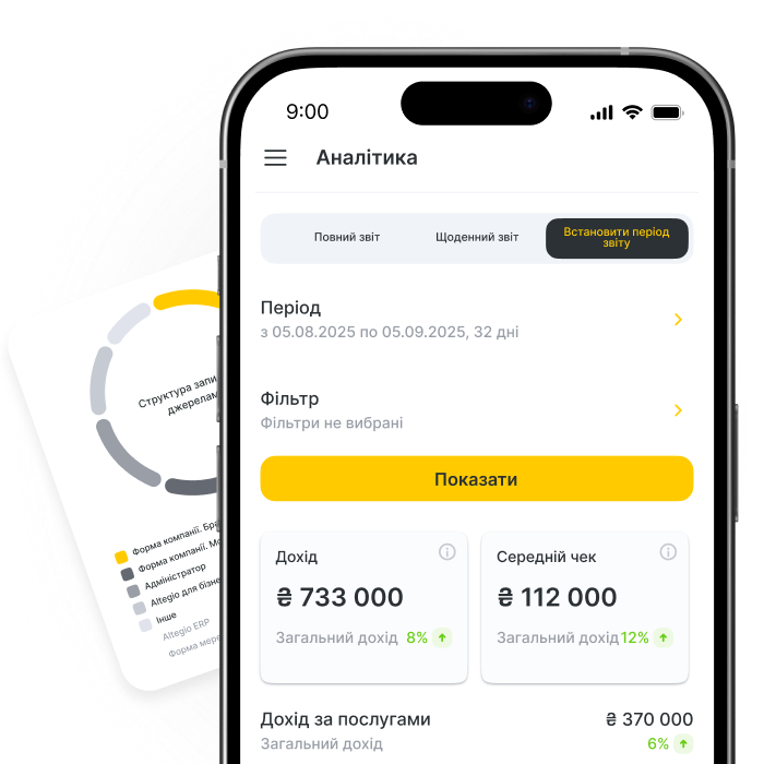 Mobile analytics dashboard displaying revenue and average bill details.