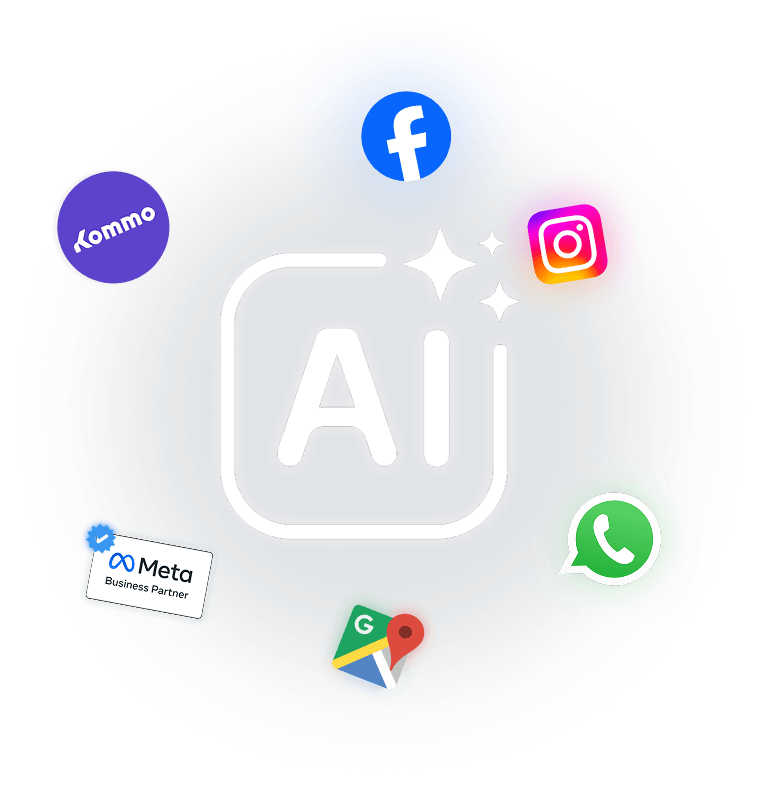 Logo of Kommo with social media icons and AI text