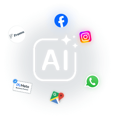 Логотип Kommo на фіолетовому фоні з іконками соціальних мереж