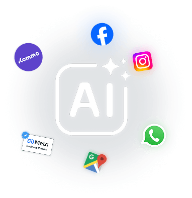 Logo of Kommo with social media icons and AI text