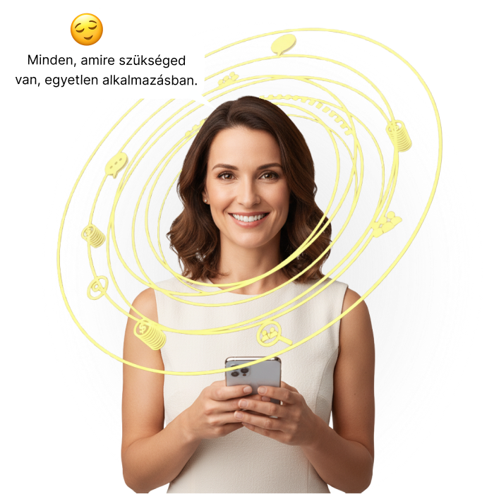 A woman smiling while holding a smartphone, surrounded by icons representing various app features.