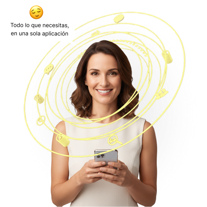 A woman smiling while holding a smartphone, surrounded by icons representing various app features.