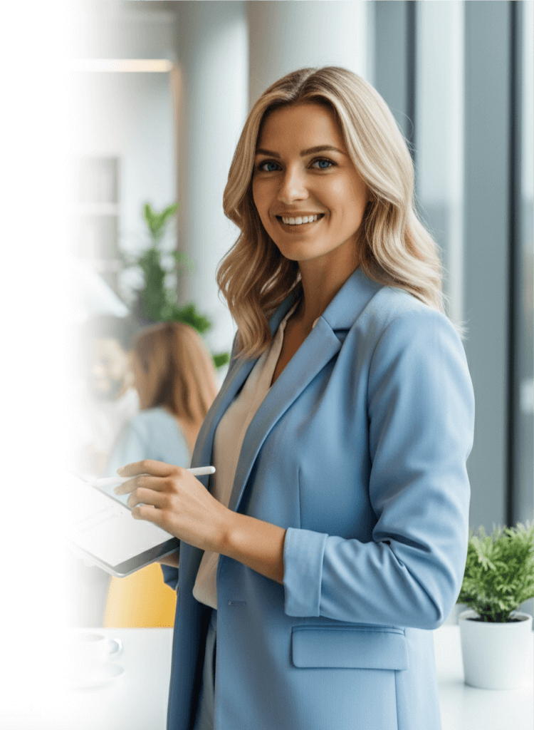 A professional woman in a blue suit holding a tablet and smiling in a modern office setting.