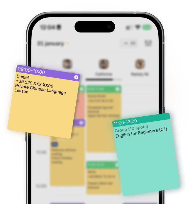 Mobile app interface showing scheduled lessons with sticky notes for classes.